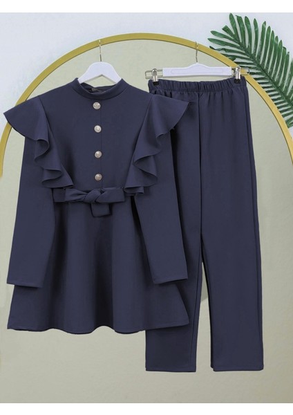 Düğme Detaylı Dik Yaka Omuzu Fırfırlı Scuba Takım