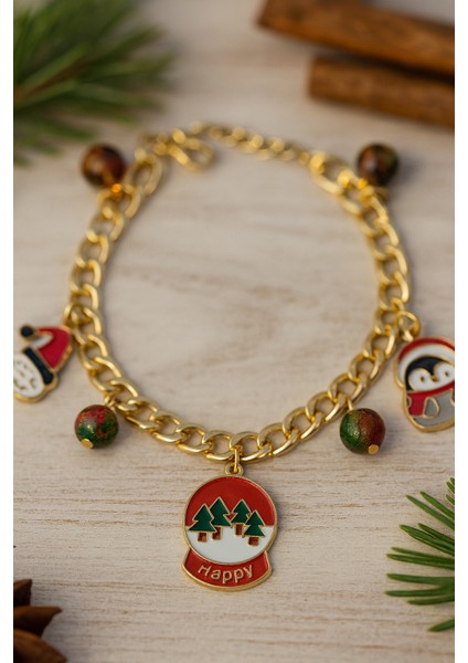 Göksunun Izi Altın Kaplama Çelik Zincir Yılbaşı Temalı Santa Penguen Happy Charm Bileklik