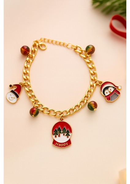 Göksunun Izi Altın Kaplama Çelik Zincir Yılbaşı Temalı Santa Penguen Happy Charm Bileklik fiyatları