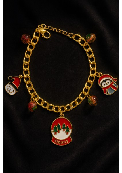 Göksunun Izi Altın Kaplama Çelik Zincir Yılbaşı Temalı Santa Penguen Happy Charm Bileklik indirimleri