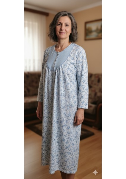 Anne Geceliği Boydan Yünlü Beyaz Üzeri Mavi Çiçekli