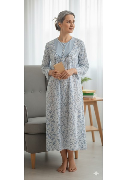 Anne Geceliği Boydan Yünlü Beyaz Üzeri Mavi Çiçekli fiyatları