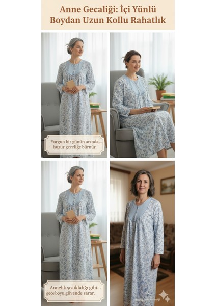 Anne Geceliği Boydan Yünlü Beyaz Üzeri Mavi Çiçekli modelleri