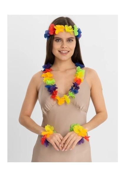 Rengarenk Hawaii Kolye Taç Bileklik Seti 4 Parça
