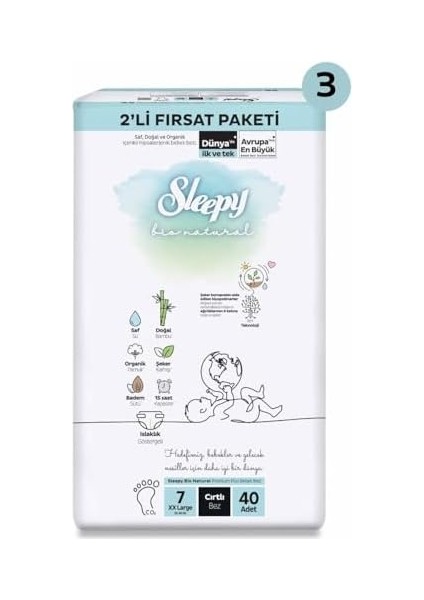 Sleepy Bio Natural 2'li Fırsat Paketi Bebek Bezi 7 Numara Xxlarge 120 Adet Cırtlı Bez modelleri