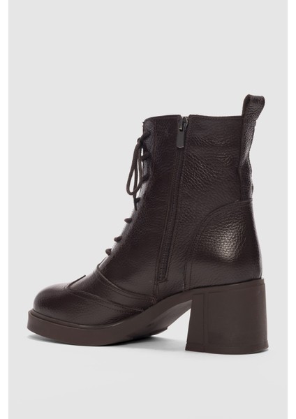 Solenne Hakiki Deri Bağcıklı ve Yandan Fermuarlı Kadın Bot- Kahverengi modelleri