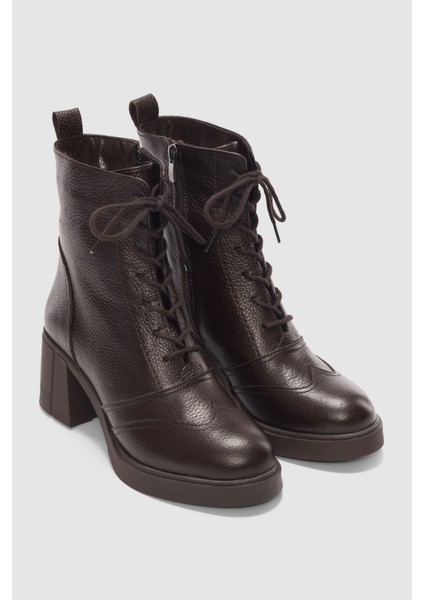 Solenne Hakiki Deri Bağcıklı ve Yandan Fermuarlı Kadın Bot- Kahverengi fırsatları