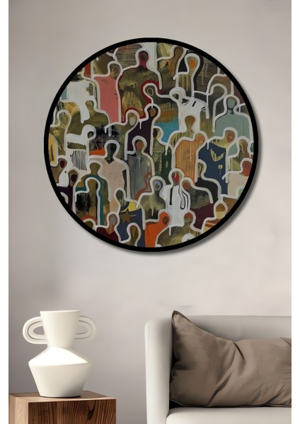Dekoratif Ahşap Yuvarlak Çerçeve Görünümlü Tablo Kalabalık Silüetler