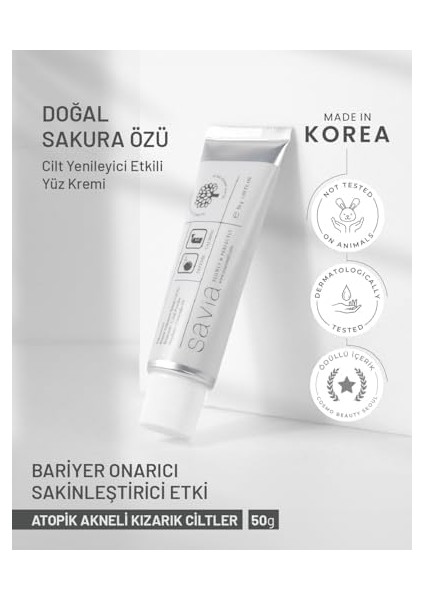 Savia Sakuradin Texture – 50G | Sakuranetin, Seramid, Peptit ve Camellia Yağlı Kore Nemlendirici Yüz Kremi | Kızarıklık Karşıtı, Hassas Ciltler Için Yatıştırıcı ve Doku Yenileyici Kore Kremi - Ovaco