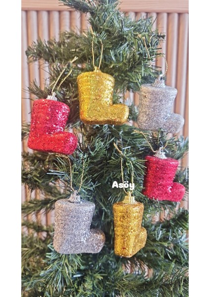 Yılbaşı Çam Ağacı Süsü Renkli Çizmeler Gold Kırmızı Gümüş Simli Yılbaşı Ağacı Süsü Çizme Süs 6 Adet