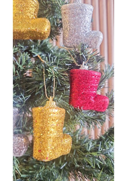 Yılbaşı Çam Ağacı Süsü Renkli Çizmeler Gold Kırmızı Gümüş Simli Yılbaşı Ağacı Süsü Çizme Süs 6 Adet fırsatları