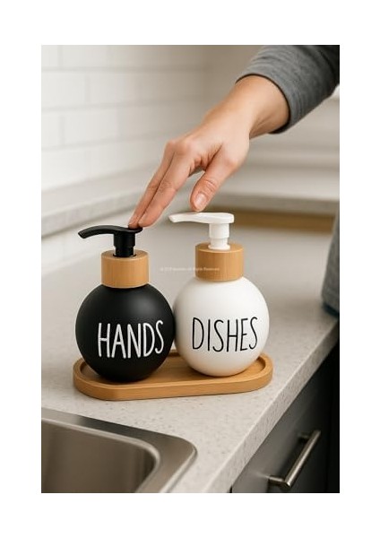 Busstier Bulaşık Deterjanlık ve Sabunluk Seti Bambu Tepsili Şık Ikili Set Siyah Beyaz Modern Tasarım Kompozit Malzemeli Mutfak Tezgah Üstü Organizer (Bombeli) modelleri