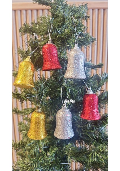 Yılbaşı Çam Ağacı Süsü Renkli Çan Gold Kırmızı Gümüş Simli Yılbaşı Ağacı Süsü Çan Süs 6 Adet