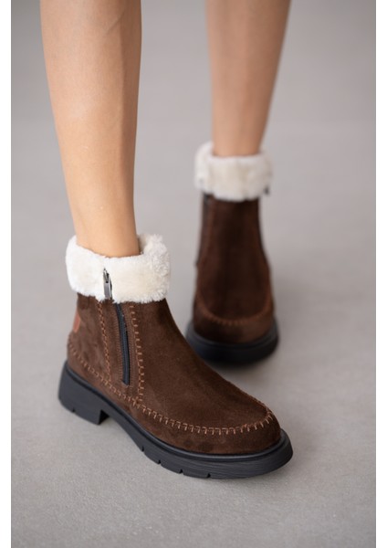 Sorella Hakiki Deri Yanlardan Fermuarlı Kadın Bot- Kahve Süet