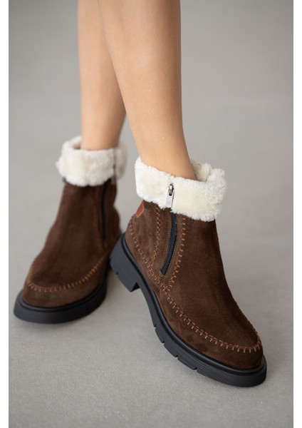 Sorella Hakiki Deri Yanlardan Fermuarlı Kadın Bot- Kahve Süet modelleri