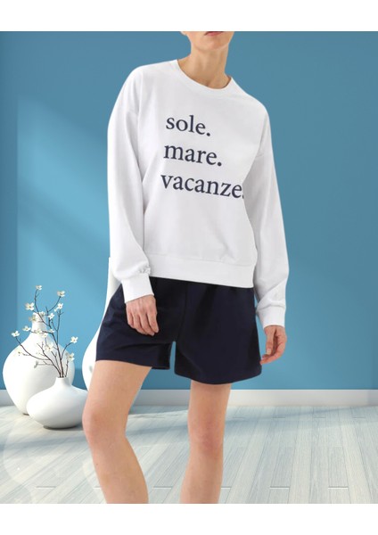 xint Kadın Bisiklet Yaka Slogan Baskılı Oversize Örme Pamuklu Sweatshırt fiyatları