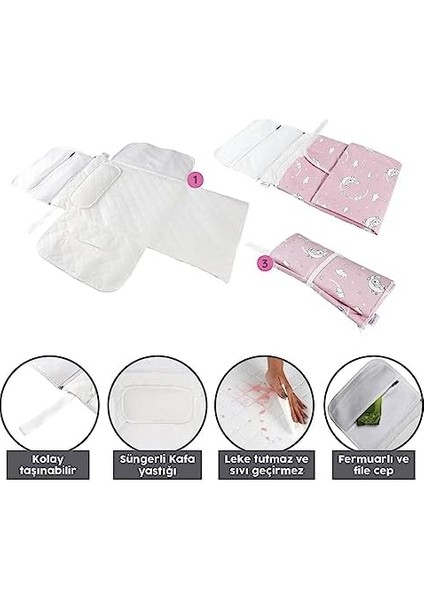 Baby'ness Çanta Boy Alt Değiştirme Bakım Seti, Sıvı Geçirmez, Leke Tutmaz, Aydede Desenli, Desenli, Pembe, 70X35CM modelleri