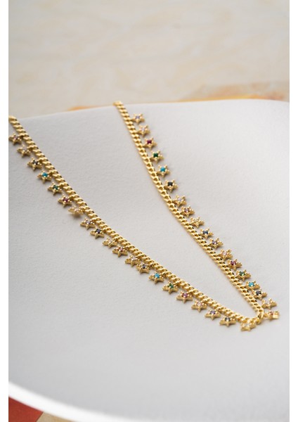 925 Ayar Gümüş Mix Taşlı Yıldız Zincir Kolye fırsatları