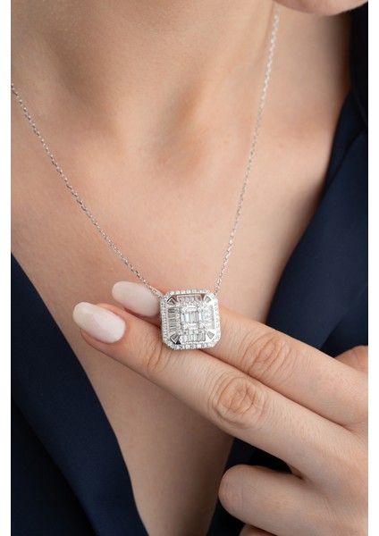 925 Ayar Gümüş Baget Taşlı Pırlanta Montür Kolye fiyatları