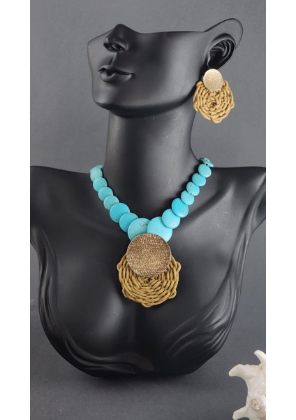 Özel Tasarım Turkuaz Doğal Taş Örme Detaylı Kolye ve Küpe Seti (Kolye 38 Cm)