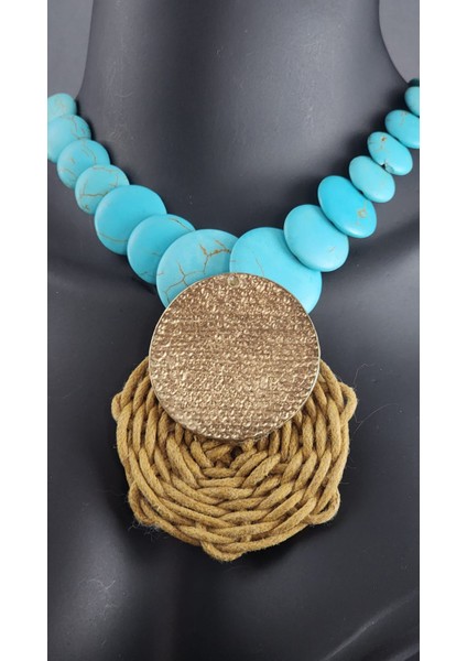 Özel Tasarım Turkuaz Doğal Taş Örme Detaylı Kolye ve Küpe Seti (Kolye 38 Cm) fiyatları