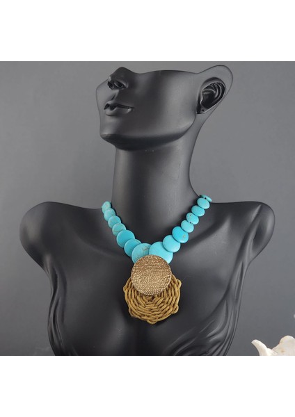 Özel Tasarım Turkuaz Doğal Taş Örme Detaylı Kolye ve Küpe Seti (Kolye 38 Cm) modelleri