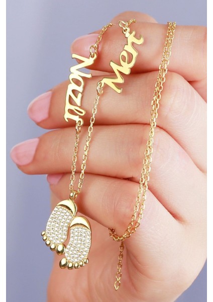 925 Ayar Gümüş Iki Isimli Ayak Izi Kolye