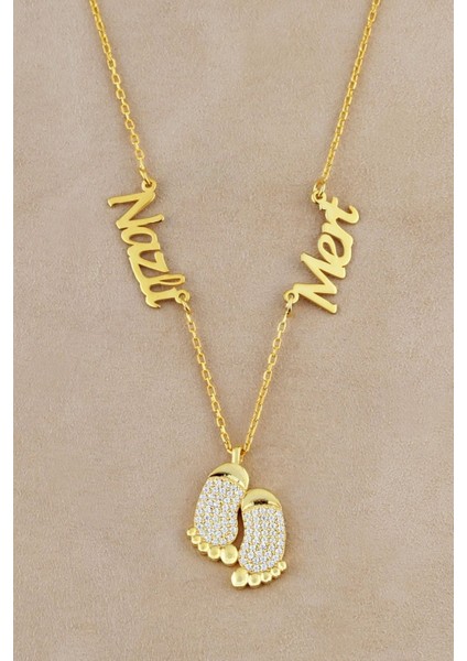 925 Ayar Gümüş Iki Isimli Ayak Izi Kolye modelleri