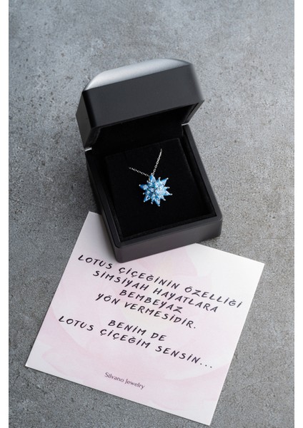 925 Ayar Gümüş Işıklı Kutu Aqua Taşlı Lotus Kolye