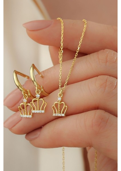 925 Ayar Gümüş Taçlı Kolye Küpe Takı Seti