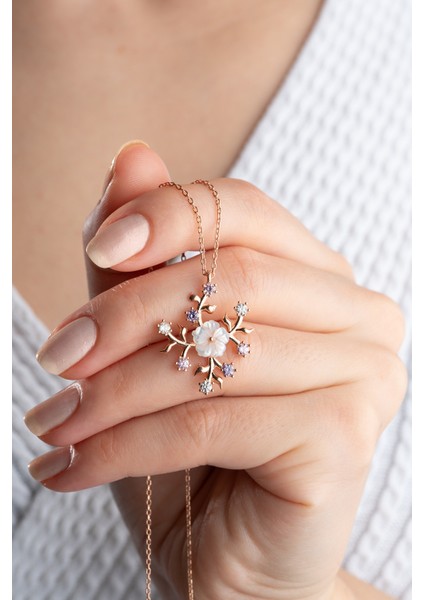 925 Ayar Gümüş Sedefli Çiçek Kolye