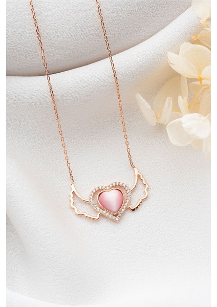 925 Ayar Gümüş Rose Kanatlı Kalp Kolye