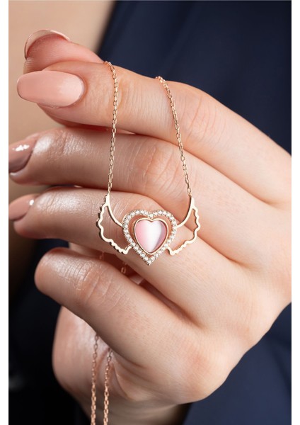 925 Ayar Gümüş Rose Kanatlı Kalp Kolye modelleri