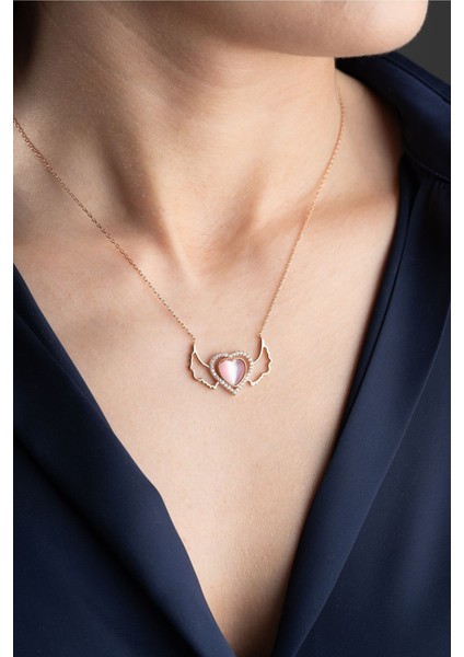 925 Ayar Gümüş Rose Kanatlı Kalp Kolye fırsatları