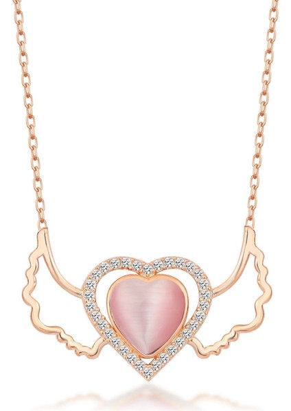 925 Ayar Gümüş Rose Kanatlı Kalp Kolye