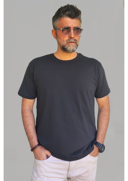Erkek Siyah Slim Fit Bisiklet Yaka Pamuk Elastan Basic Tişört