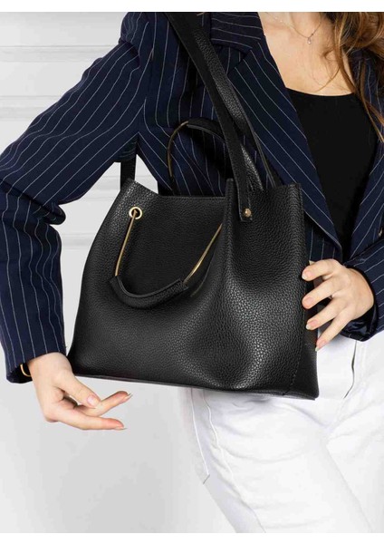 Kadın Siyah Gold Detaylı Suni Deri Omuz ve El Çantası