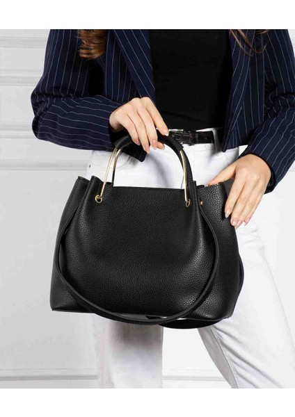 Kadın Siyah Gold Detaylı Suni Deri Omuz ve El Çantası modelleri