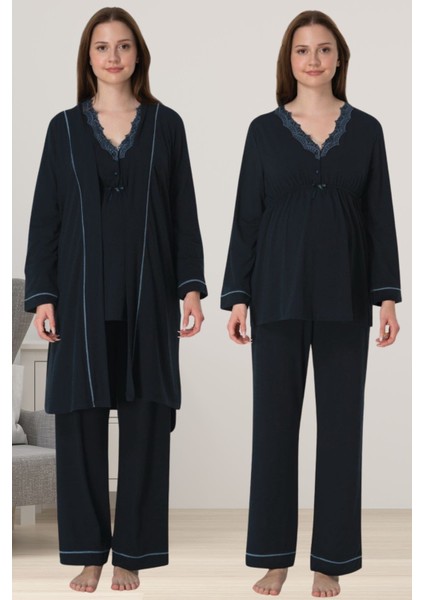 Lacivert Sabahlıklı Hamile Lohusa Pijama Takımı