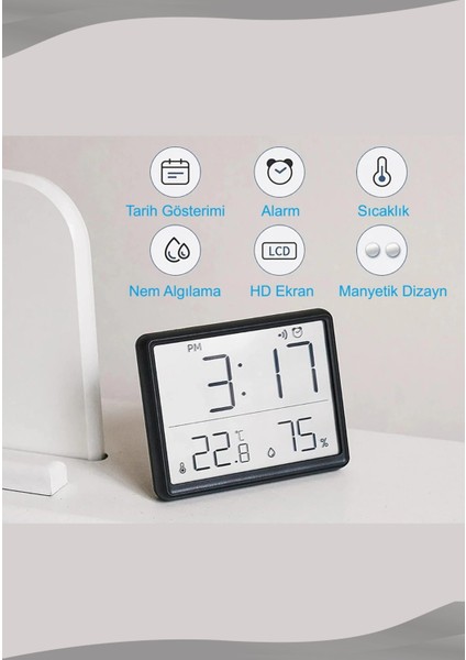 Dijital Oda Termometre Sıcaklık ve Nem Ölçer Masa Saati Alarm LCD Ekran Duvara Takılır Beyaz indirimleri