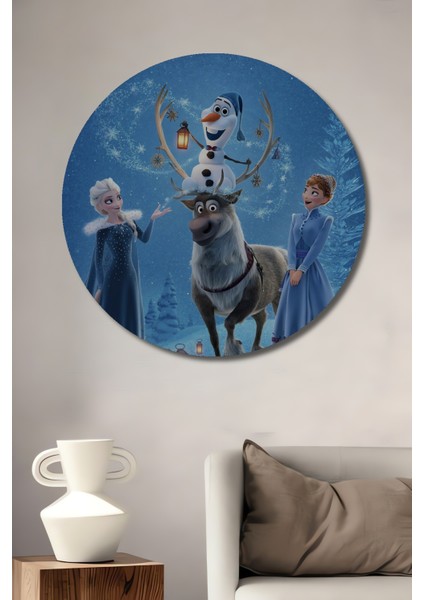 Elsa Anna Olaf Karla Buluşma Dekoratif Ahşap Mdf Tablo Yuvarlak Tablo