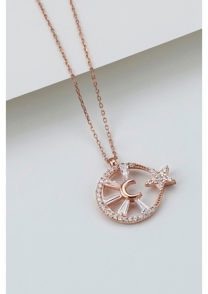 925 Ayar Gümüş Baget Taşlı Ay Yıldız Kolye