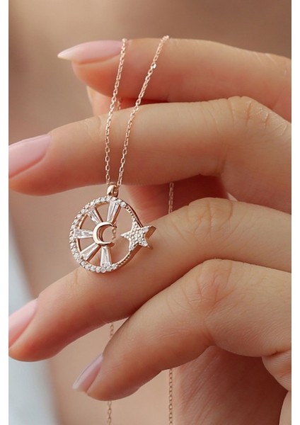 925 Ayar Gümüş Baget Taşlı Ay Yıldız Kolye fiyatları