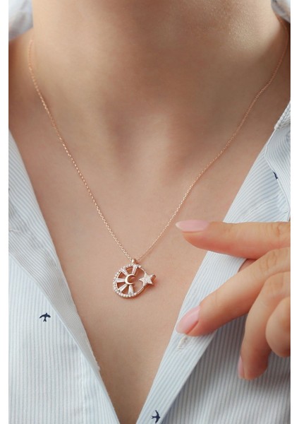 925 Ayar Gümüş Baget Taşlı Ay Yıldız Kolye modelleri