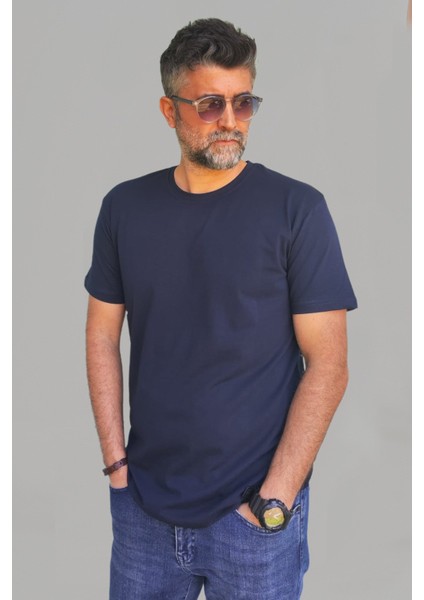 Erkek Lacivert Slim Fit Bisiklet Yaka Pamuk Elastan Basic Tişört