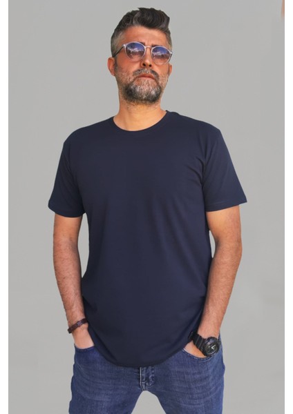 Erkek Lacivert Slim Fit Bisiklet Yaka Pamuk Elastan Basic Tişört modelleri
