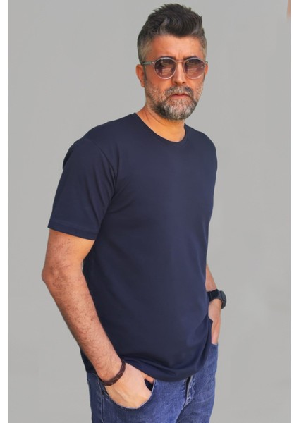 Erkek Lacivert Slim Fit Bisiklet Yaka Pamuk Elastan Basic Tişört fırsatları