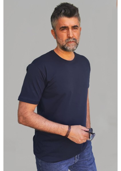 Erkek Lacivert Slim Fit Bisiklet Yaka Pamuk Elastan Basic Tişört indirimleri