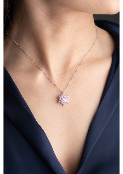 925 Ayar Gümüş Buzlu Açık Pembe Lotus Çiçeği Kolye modelleri