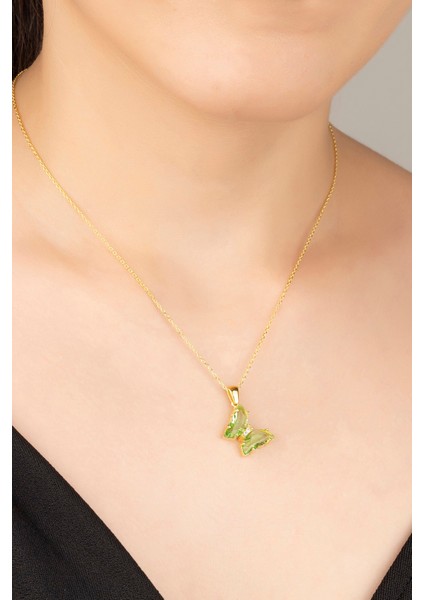 925 Ayar Gümüş Yeşil Cam Kelebek Kolye